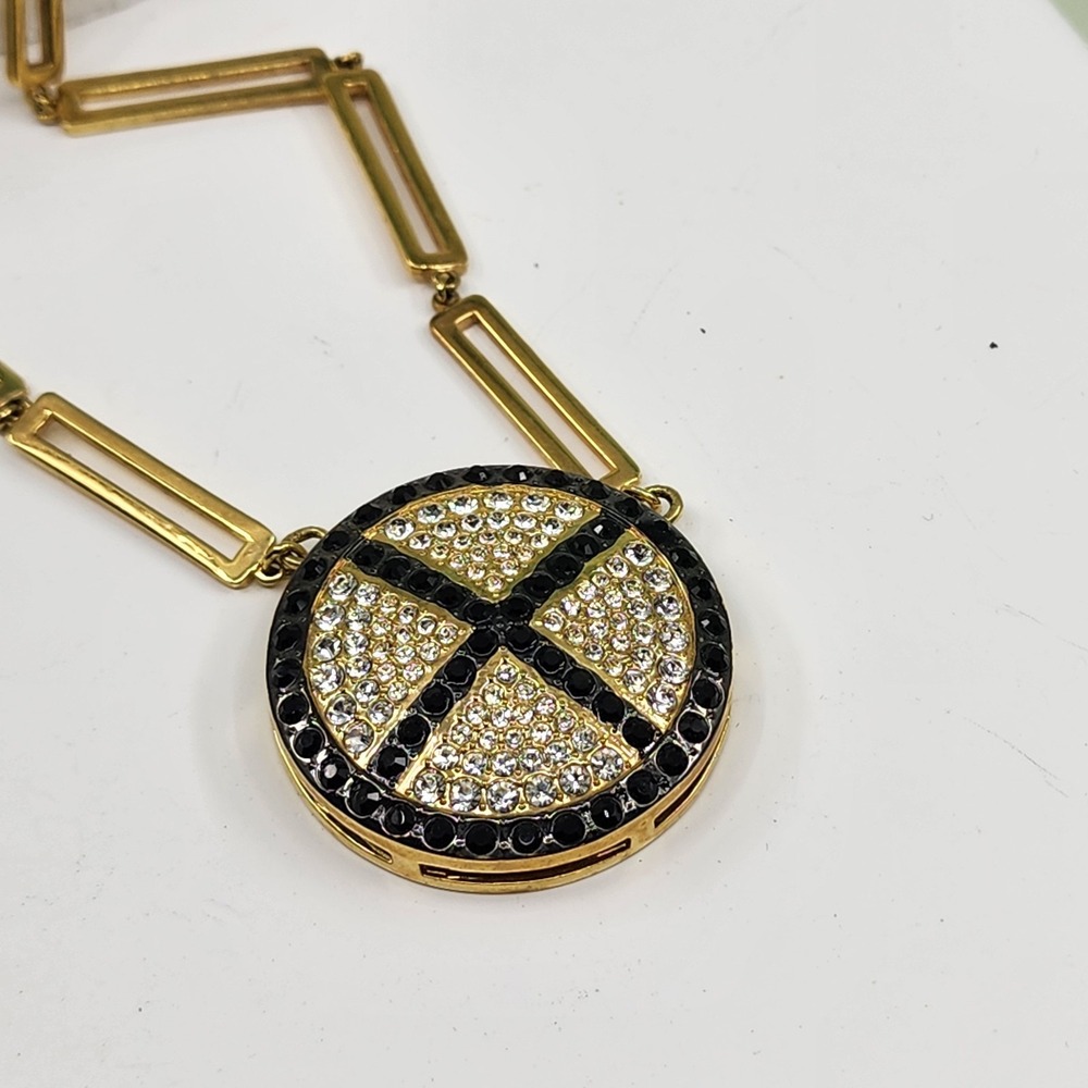 Akkad Gold Tone Black Clear Rhinestone Round Pendant Statement Necklace Glam